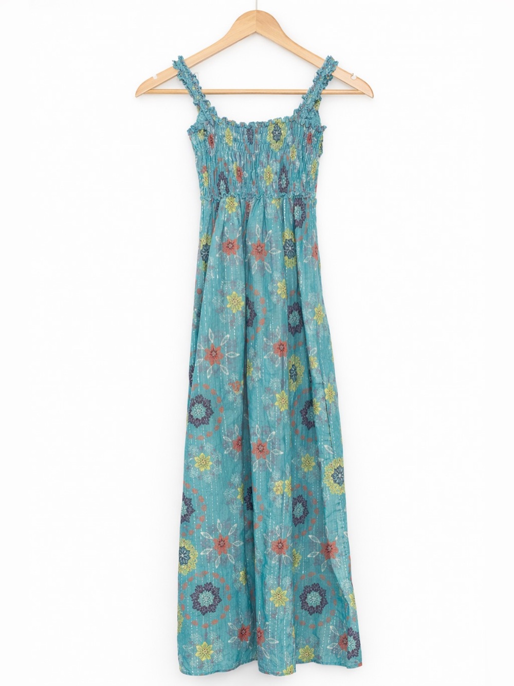 RARE Bond Eye Sundress V Neck Smocked chest Turquoise Metallic Thread S